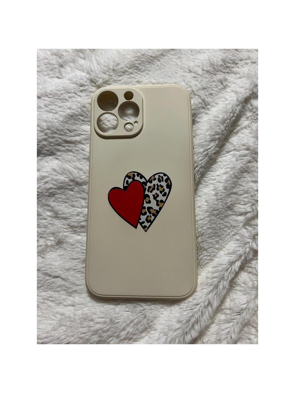 iPhone 13 Pro Max Case Cream Beige Double Heart Leopard Print